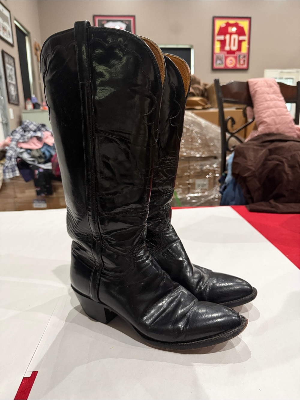Lucchese Black Leather Mid-Calf Western Heeled Boots